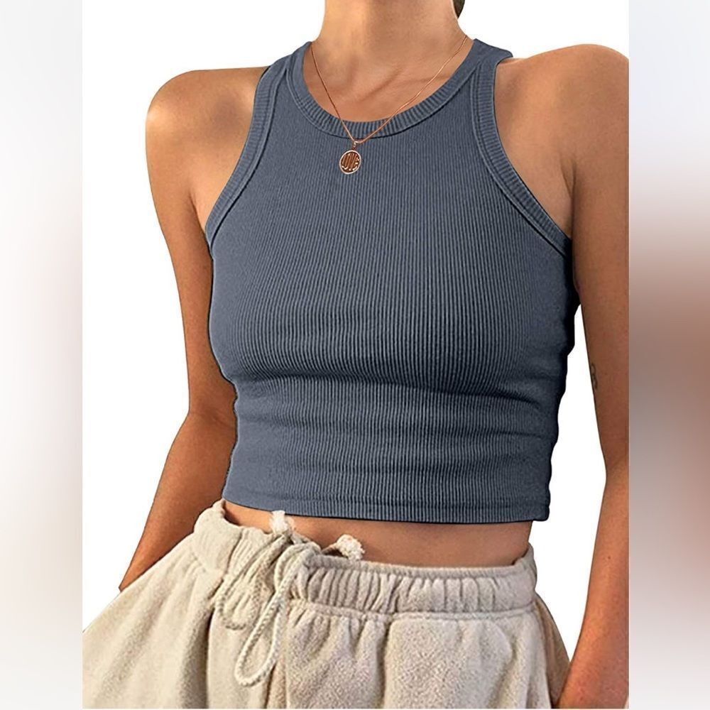 Auselily Womens Tank Top  Round Neck Basic Racerback Ribbed Tank M NWT gray